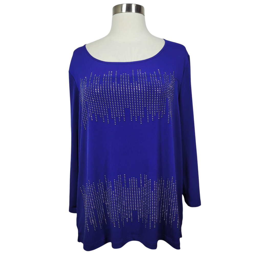 New Chico's Women's Royal Blue Longline Tunic Studded Top Size 3/4 Sleeve Sz 12